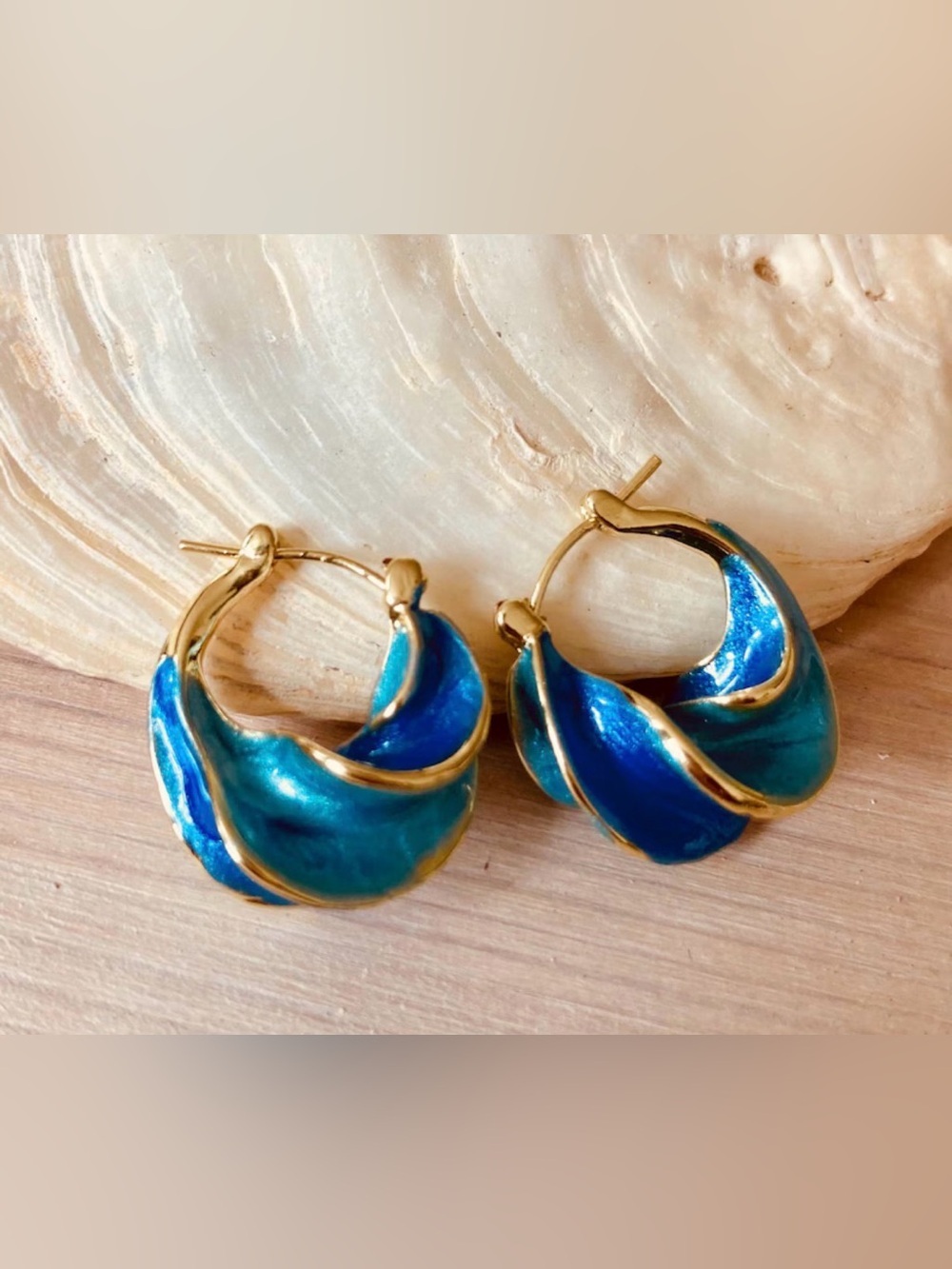 Gold-Tone Hoop Earrings with Blue & Teal Enamel